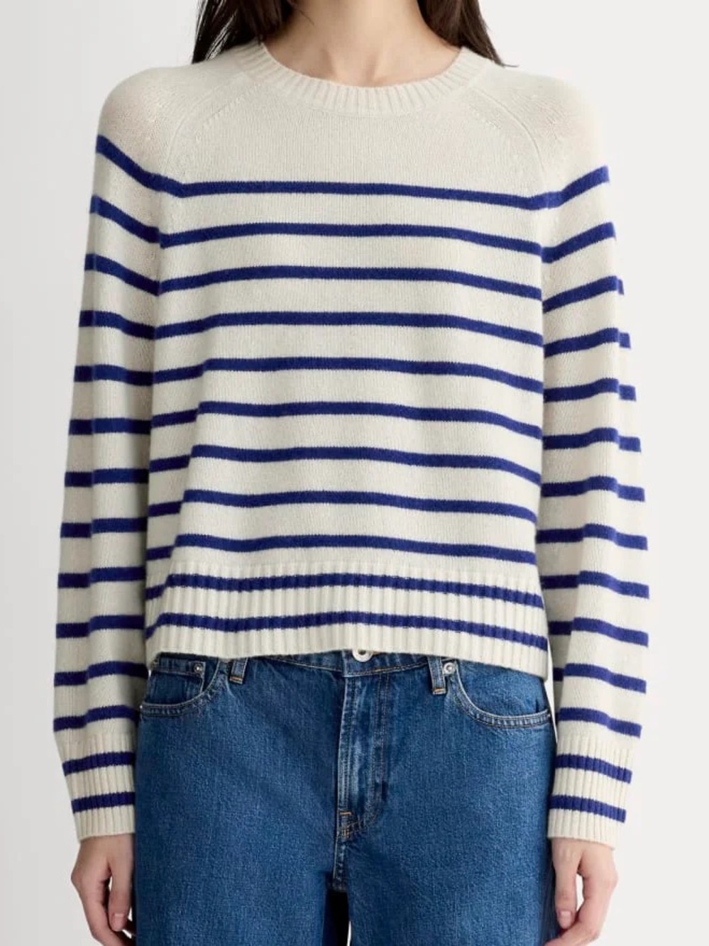 NWT EVERLANE The Boxy Crew in Cashmere Soft White Deep Blue Stripe Size Medium